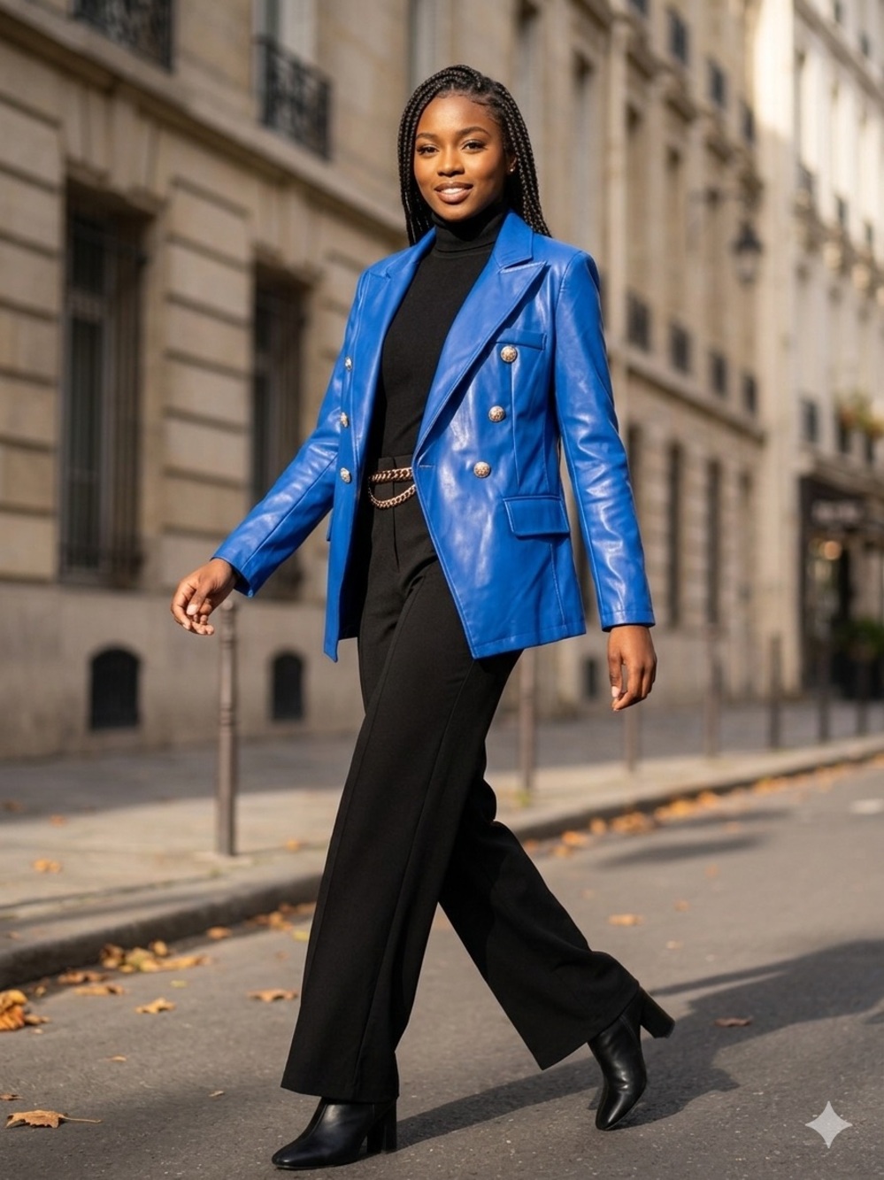 MUY MUY Fancy Cobalt Blue Faux Leather Blazer – Gold Lion Buttons – Size M
